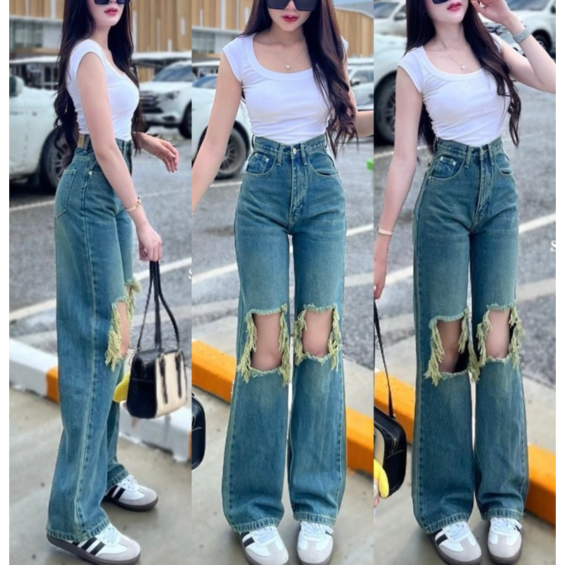 กางเกงยีนส์  SIRINAN STUDIO (งานใหม่) ทรงกระบอกแต่งขาดแบบเกร๋ๆ ทรงสวยมาก