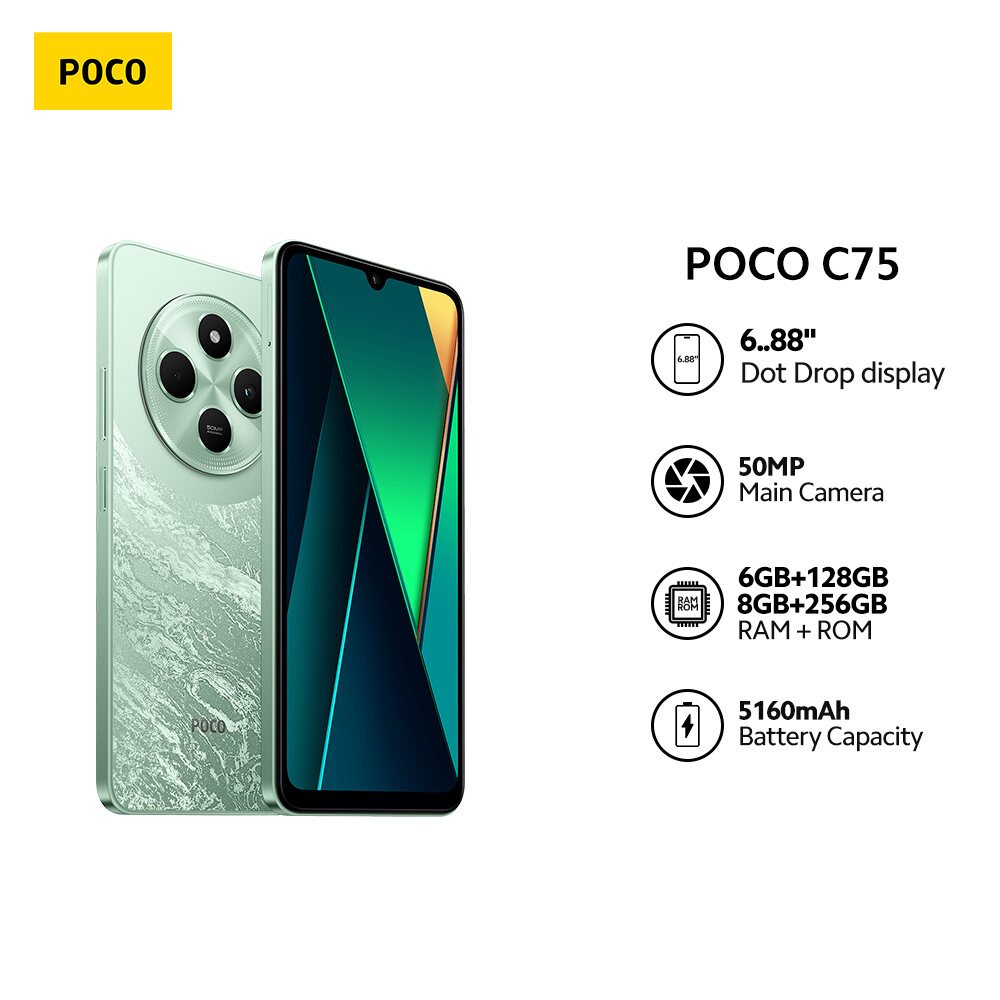 POCO C75 Helio G81-Ultra Processor Smartphone with 50MP Camera - 6GB+128/8GB+256GB Storage Options - Cellphone