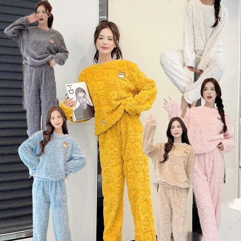 ชุดนอนผู้หญิงในฤดูหนาว ผ้าขนแกะปะการัง หนา แขนยาว น่ารัก หลวม ชุดอยู่บ้าน