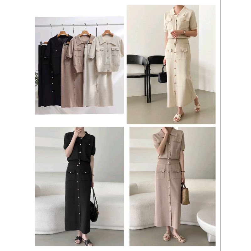 เซ็ตไหมพรม เสื้อแขนสั้นกระโปรงเข้ารูป กระดุมทองแต่งกระเป๋า