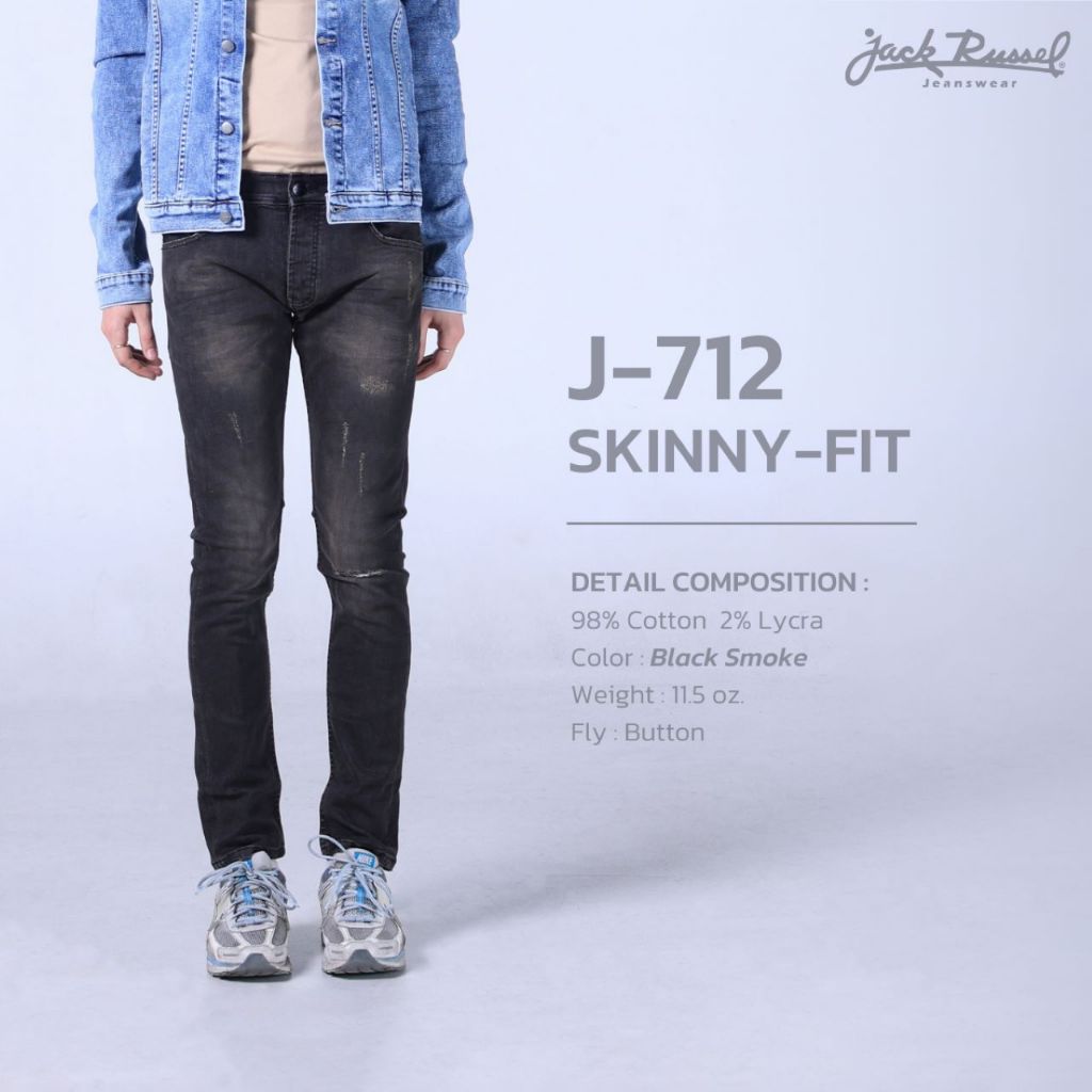 JACK RUSSEL กางเกงยีนส์ผู้ชายขายาว กางเกงยีนส์ขาเดฟ รุ่น J-712 ทรง SKINNY-FIT สี BLACK SMOKE กางเกงยีนส์แจ็ครัสเซล
