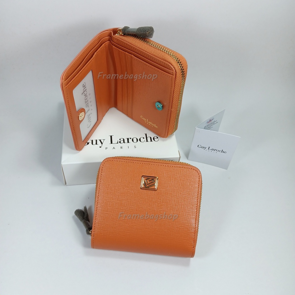 Guy Laroche กระเป๋าสตางค์ผู้หญิงใบสั้น ซิปรอบ+ประกบ สีส้ม หนังแท้ หนังลาย อะไหล๋สีทอง