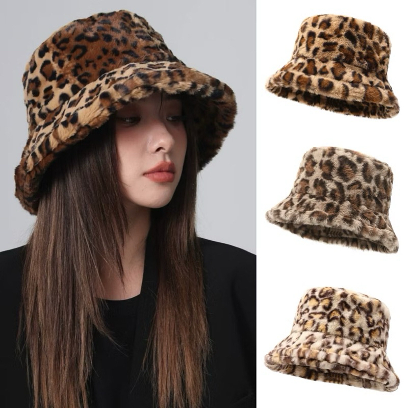 พร้อมส่ง หมวกบักเก็ต ลายเสือ ผ้าขนแกะเทียม พับได้ ปรับสายได้ สีพื้น bucket Ins หมวกแฟชั่น สไตล์เกาหลี น่ารักๆ