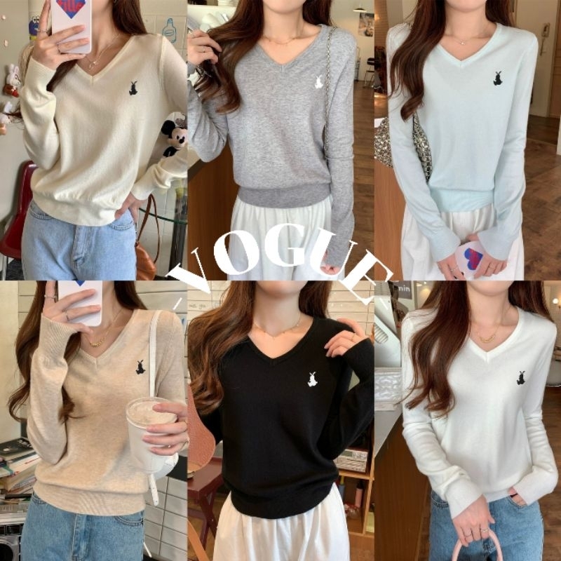 Vogue พร้อมส่ง เสื้อแขนยาวไหมพรม คอวี ปักอกลายกระต่าย สีสดใส (08068)