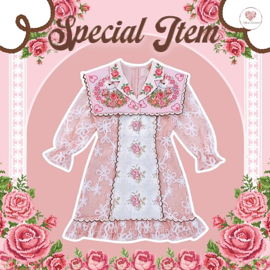 (Special Item มี2XL) Darren Vintage Dress เดรสสั้นผ้าตาข่ายปักลาย แขนยาวปลายแขนกระดิ่ง ปกใหญ่พิมพ์ลาย มีซับใน ใส่ซิปหลัง