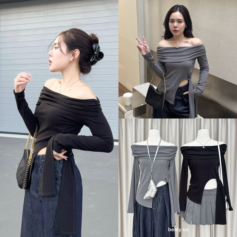 **พร้อมส่ง**♡BY0171 Rib-knit open shoulder รุ่นผ้าหนานุ่มมัดข้าง benly co