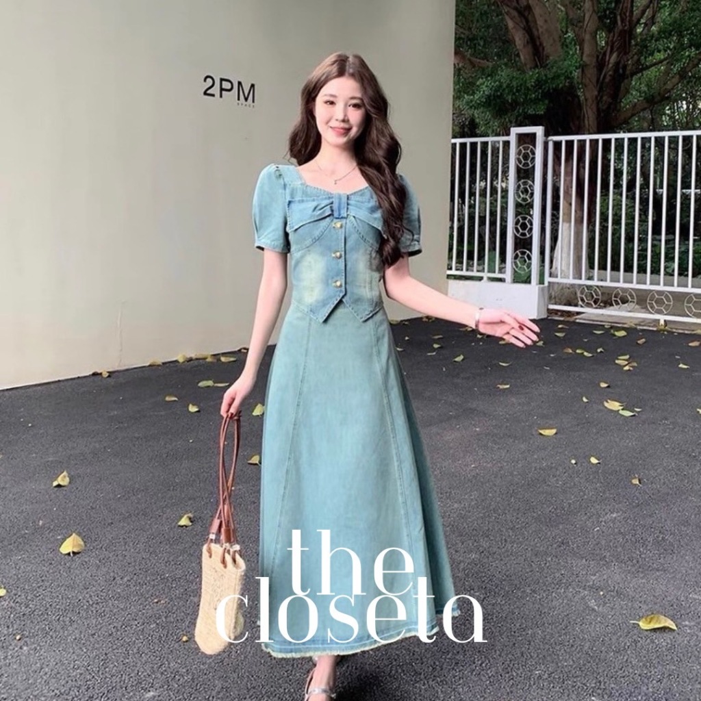 THE CLOSETA : (พร้อมส่ง) LB349 เสื้อยีนส์แขนตุ๊กตาแต่งโบว์สำเร็จ+กระโปรงยาวทรงสวยมาก