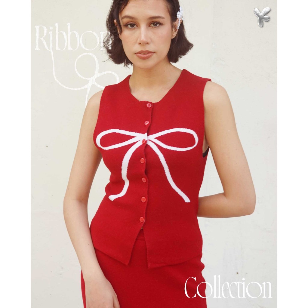 CUPPA - RIBBON Vest Top (3 สี) เสื้อแขนกุดไหมพรม ทอลายโบว์ ผ่าหน้า มีกระดุม เนื้อผ้านุ่ม ใส่สบาย