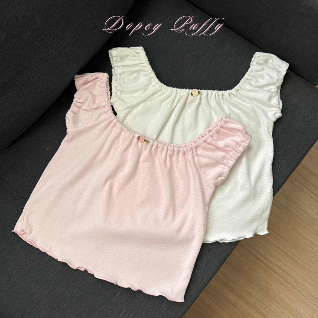 N14 dopey.puffy เสื้อครอปแขนตุ๊กตาผ้าฉลุหัวใจ