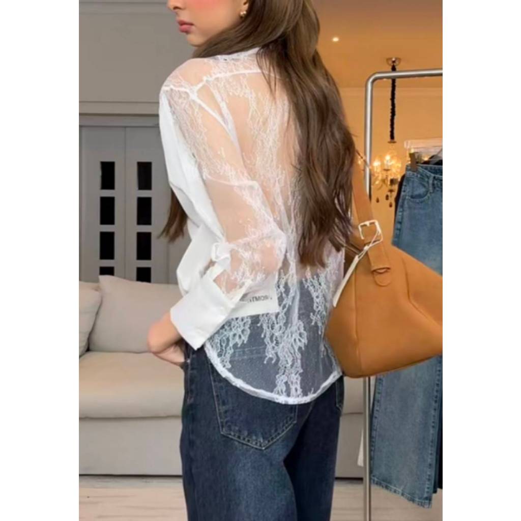 PTSH431 เสื้อเชิ้ตแต่งลูกไม้ซีทรูด้านหลัง PROMTHONG