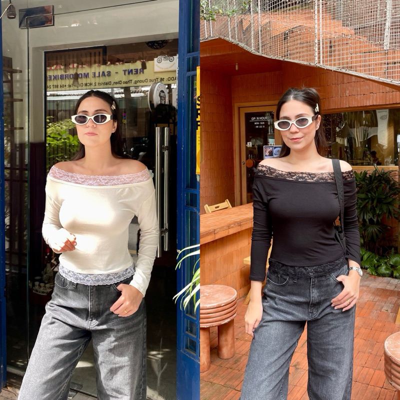 🖤Gail Top🖤 เสื้อแขนยาวเปิดไหล่ สวยมากก แต่งขอบผ้าลูกไม้ ชายลูกไม้