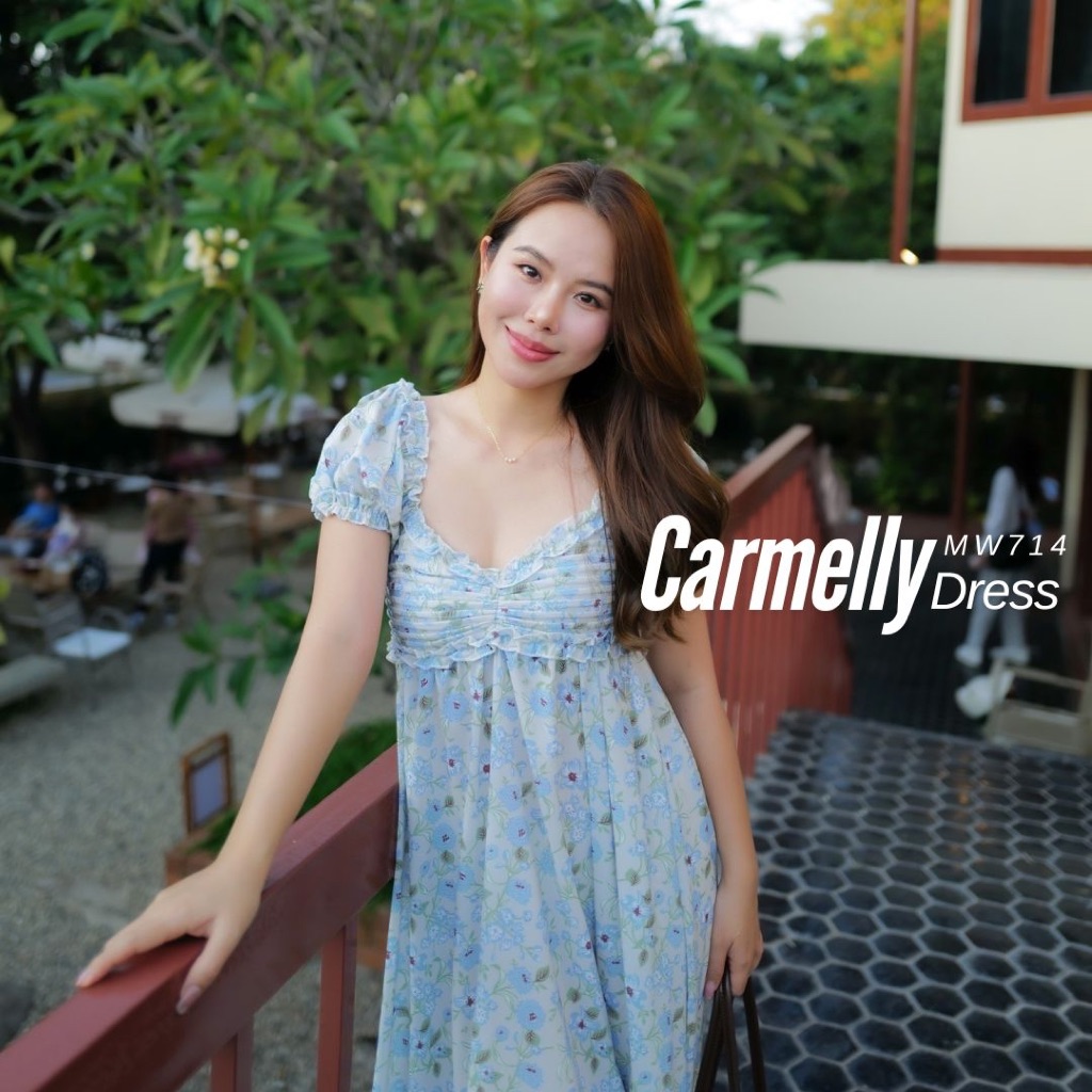 MyWay Brand : Dress - Carmelly ไม่มีซับใน เดรสลายดอกไม้ โทนสีเขียว ชุดเดรสอกยืดได้