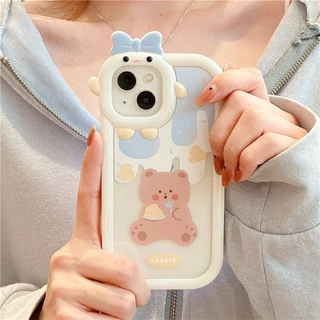 Case for iPhone 11 12 13 14 15 Pro Max 6/8/7 14 15 Plus X/XS Max SE ลายการ์ตูนมอนสเตอร์ ประดับโบว์ เคสเคลือบนิ่ม