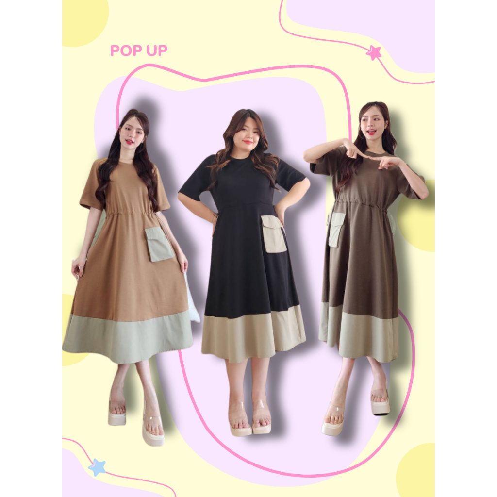 POP UP เดรสผ้ายืดแฟชั่น ใส่สบาย ปรับรูดเอวได้ เหมาะสำหรับสาวไซส์เล็กจนถึงสาวอวบ ขนาด ฟรีไซส์
