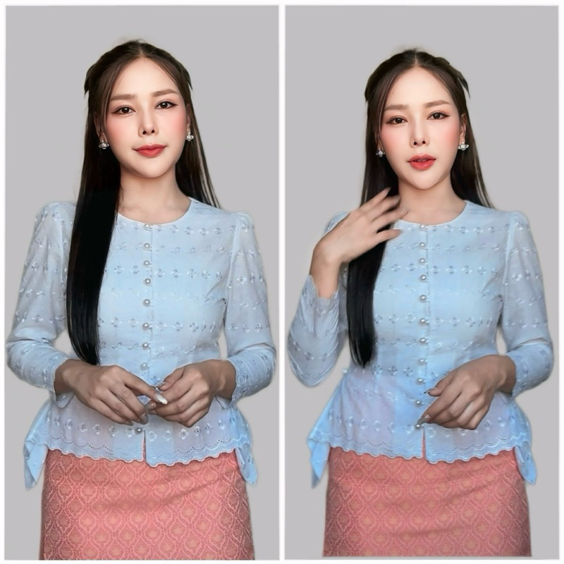 เสื้อคอกลม กระดุมมุก จีบเอว ( แขนยาว )