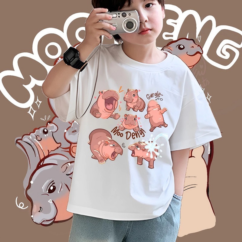 Yout-children kids เสื้อยืด Moo Deng ลายการ์ตูนน่ารักหลวม เด็กผู้ชาย เสื้อผ้าเด็ก ใส่สบาย coolแฟชั่น แขนสั้น สไตล์เกาหลี