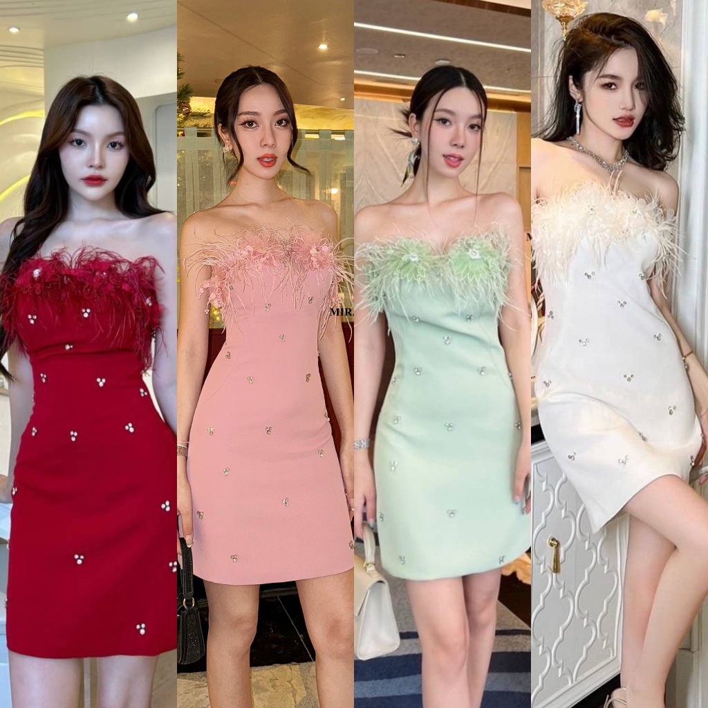 พร้อมส่ง Miralyn เดรสเกาะอกแต่งขนนกแน่นๆ แต่งดอกไม้สวย ติดเพชร ชุดออกงาน งานแต่ง ปาร์ตี้วันเกิด