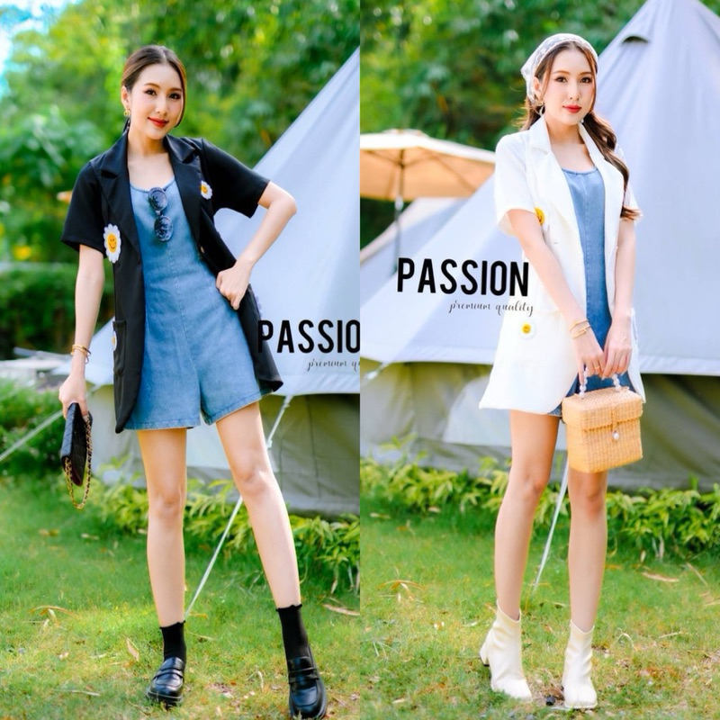 จั๊มสูทยีนส์แขนสั้นพร้อมเสื้อคลุม