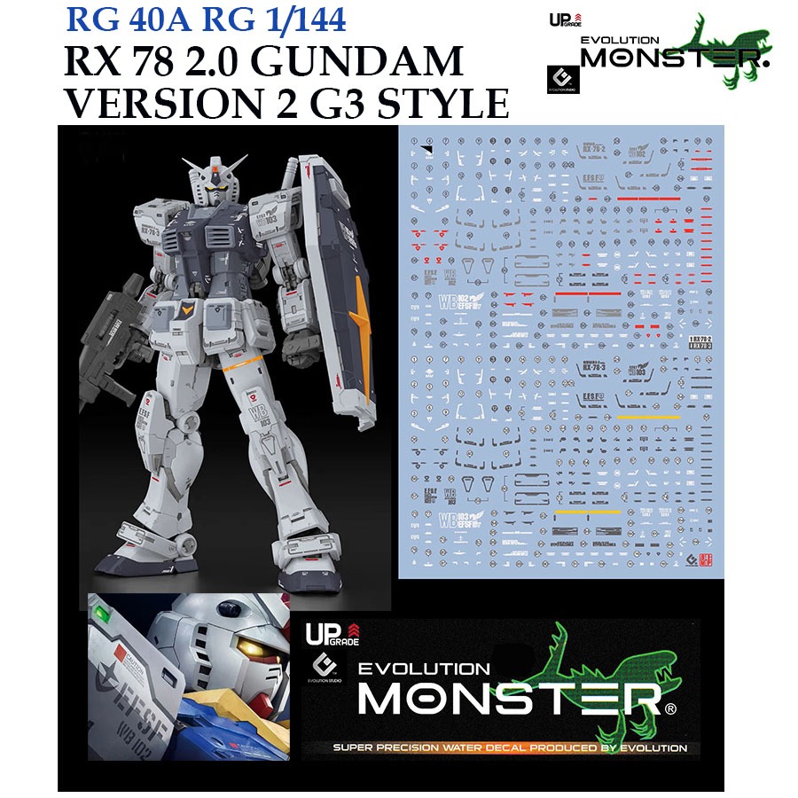 ดีคอลน้ำ [MONSTER] RG 40 A RG 1/144 RX 78 2.0 GUNDAM VER 2.0 VERSION 2 RGU G3 STYLE WATER DECAL FLUO