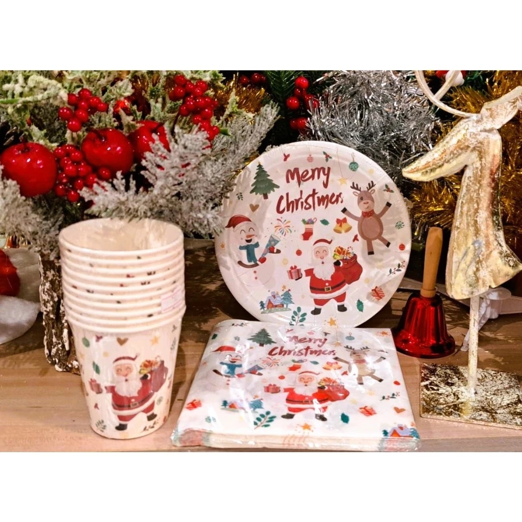 ปาร์ตี้ คริสมาส จานกระดาษ แก้ว ทิชชู่ ซานตาครอส ซานต้า Santa Clause Christmas Party Disposable Paper Plate Napkin Cup