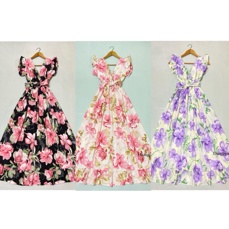 เดรสยาวแหวกหน้าอก ลายดอก สำหรับผู้หญิงอวบ Clothing Women