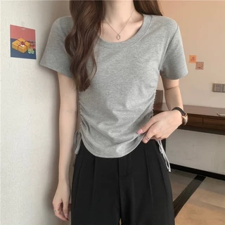 AVONE เสื้อยืด เสื้อยืดผู้หญิง แขนสั้น คอกลม มีเชือกรูดเอวด้านข้าง เสื้อแฟชั่นสีทึบเหมาะกับทุกไลฟ์สไตล์ พร้อมส่งจา N020
