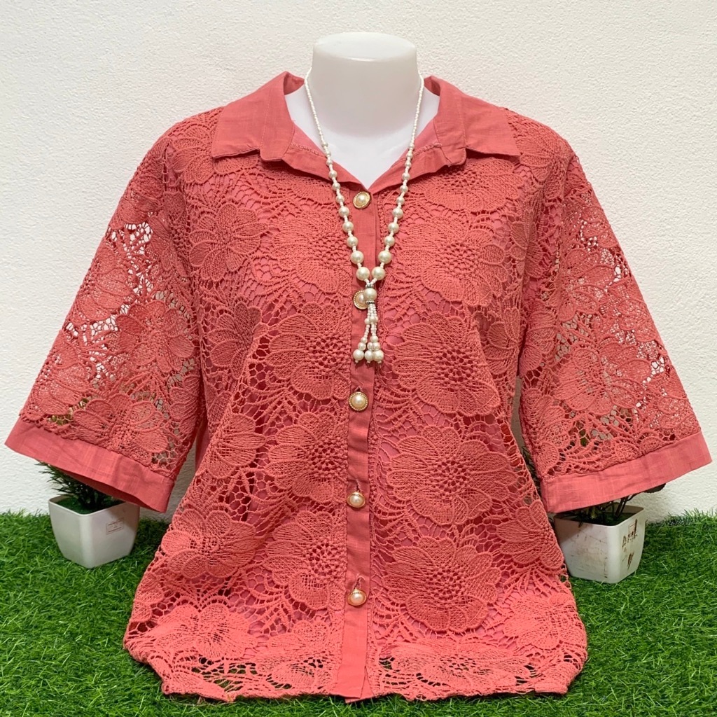 เสื้อลูกไม้คอปกผ้าลินินผสมผ้าฝ้าย รอบอก 46-48-52