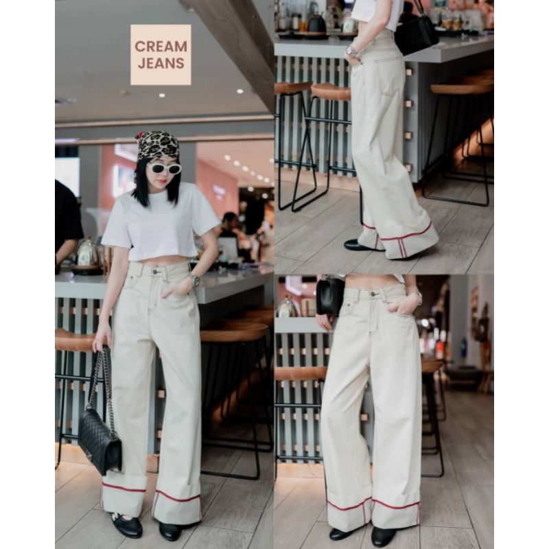 Jeans กางเกงยีนส์กระบอกใหญ่พับขาเบิ้ลแบบเย็บติดแบบเก๋ชิคมาก