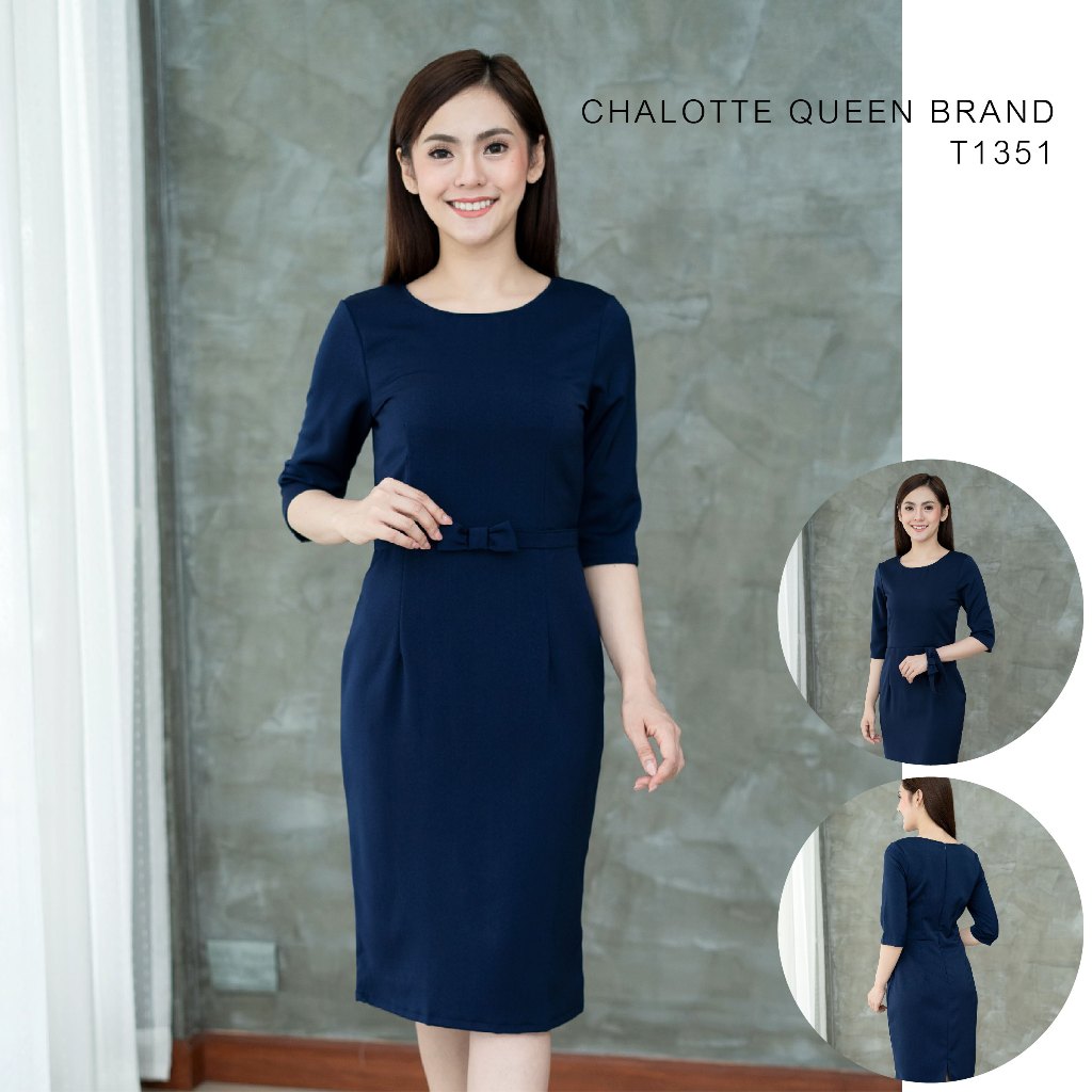 TEESBRAND T1351  ชุดทำงานสีกรม ทรงสอบ คอกลม แขนห้าส่วน มีเข็มขัดโบว์ ชุดสีกรมไปงาน เดรสสีกรม