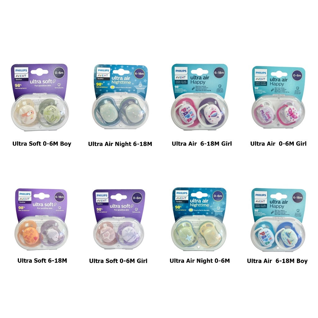 PHILIPS AVENT จุกนมหลอก รุ่น Ultra soft/Ultra Air Harppy/Ultra Air Night (แพ็คคู่) ผิวสัมผัสนิ่ม ยืดหยุ่นได้ดี