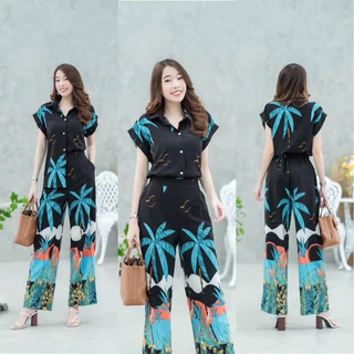 🌴เซ็ท 2 ชิ้น ลายมะพร้าว เสื้อเชิ้ตกระดุมหน้าแขนเบิ้ล + กางเกงขายาว