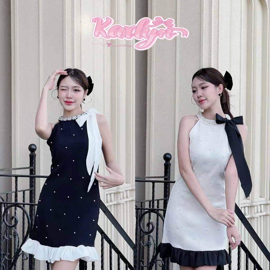 【Karlyn】ชุดเดรสกระโปรงสีดำ แต่งลูกปัด ประดับโบว์ สำหรับสาวๆใส่เเล้วดูผอม  #FZ-CC-G96