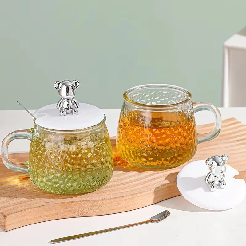 แก้วใส แก้วกาแฟ วัสดุพร้อมช้อนชง มีฝาปิดรูปหมี300ml(0002)