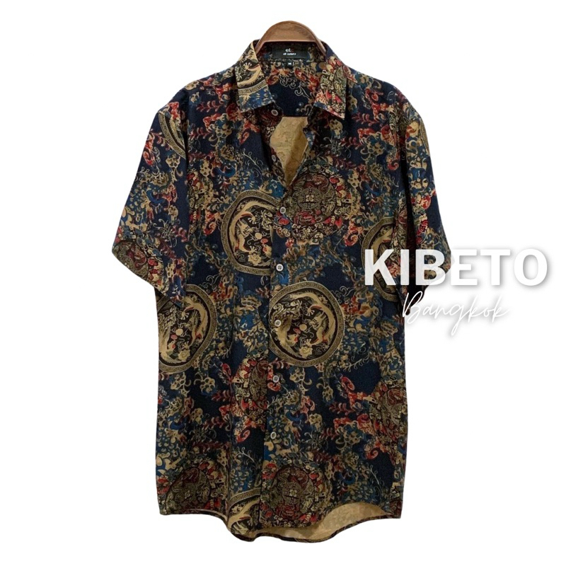 Kibeto เสื้อฮาวาย ลายวินเทจมังกร สีกรม ผ้าสปันเรยอน เนื้อนิ่ม ใส่สบาย M L XL 2XL 3XL