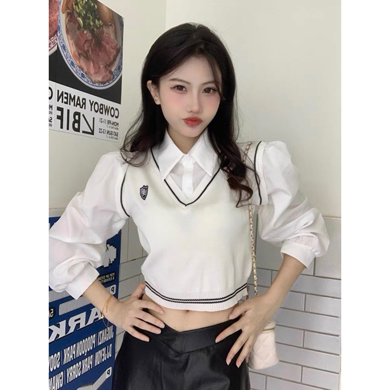 เสื้อกั๊ก2in1 มีเชิ๊ตติดมา เสื้อแฟชั่น เสื้อสไตล์นักเรียนนอก เสื้อY2K03015-3