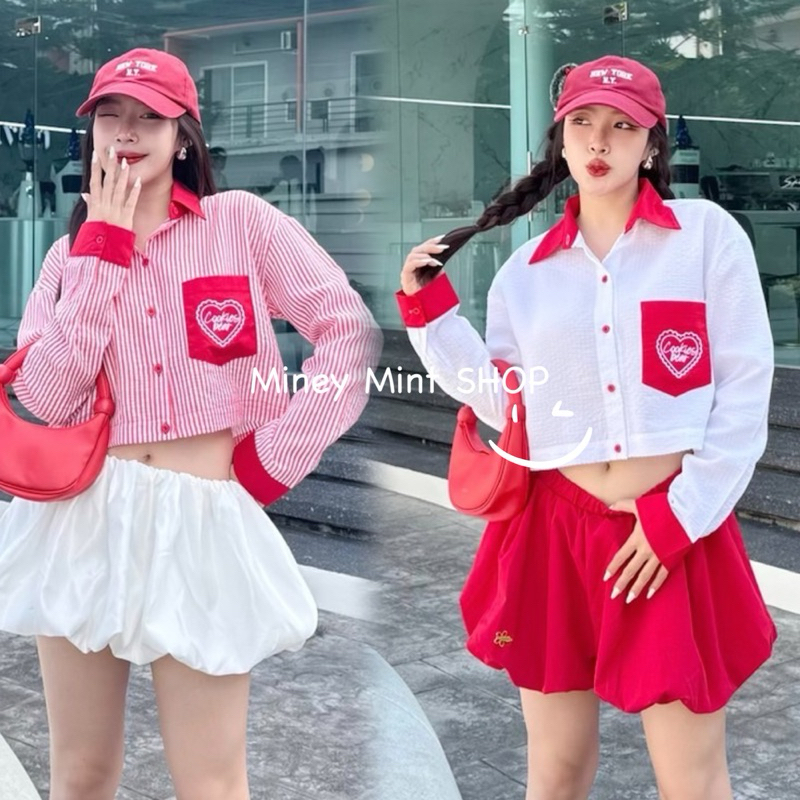 miniminey เชิ้ตโอเวอร์ไซส์แขนยาว ตัดขอบปกขาว ผ้าคอตตอนริ้วบับเบิ้ล