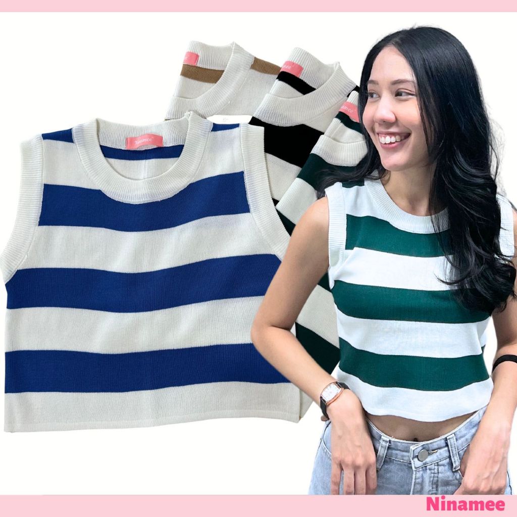 🍒Ninamee เสื้อกล้ามลายทาง อก32-44 นิ้ว ครอปไหมพรม แขนกุดคอเต่า ยืดเป็นทรง เสื้อสไตล์ชิคๆ เก๋ๆ #NN59