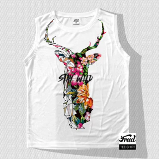 FREEDเสือแขนกุด สีขาวพิมพ์ลาย ผ้าสปอร์ตไมโครทอลายรังผึ้ง Unisex