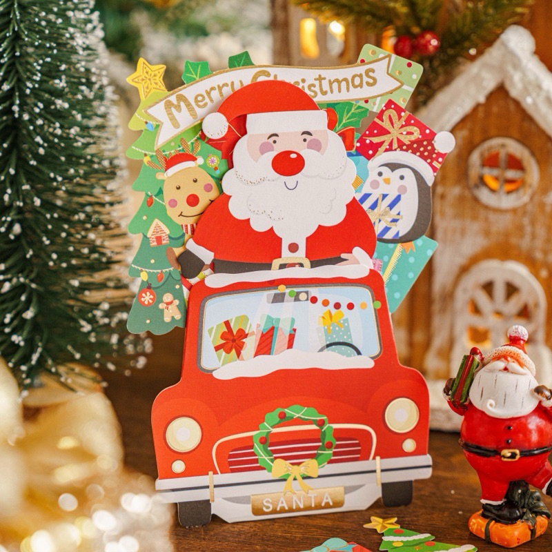 พร้อมส่ง > การ์ดคริสต์มาส แบบดึงขึ้น พิมพ์ลายฟอยล์ทอง Christmas Cards