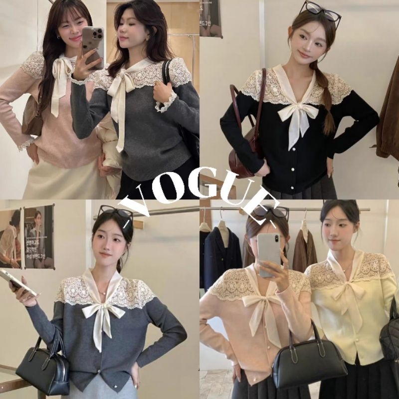 Vogue พร้อมส่ง เสื้อสเวตเตอร์แขนยาวลายโบว์ ลูกไม้คอวี ความรู้สึกการออกแบบใหม่ (K395)