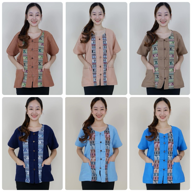เสื้อคอกลมกระดุมจริง เเต่งด้วยลายช้าง