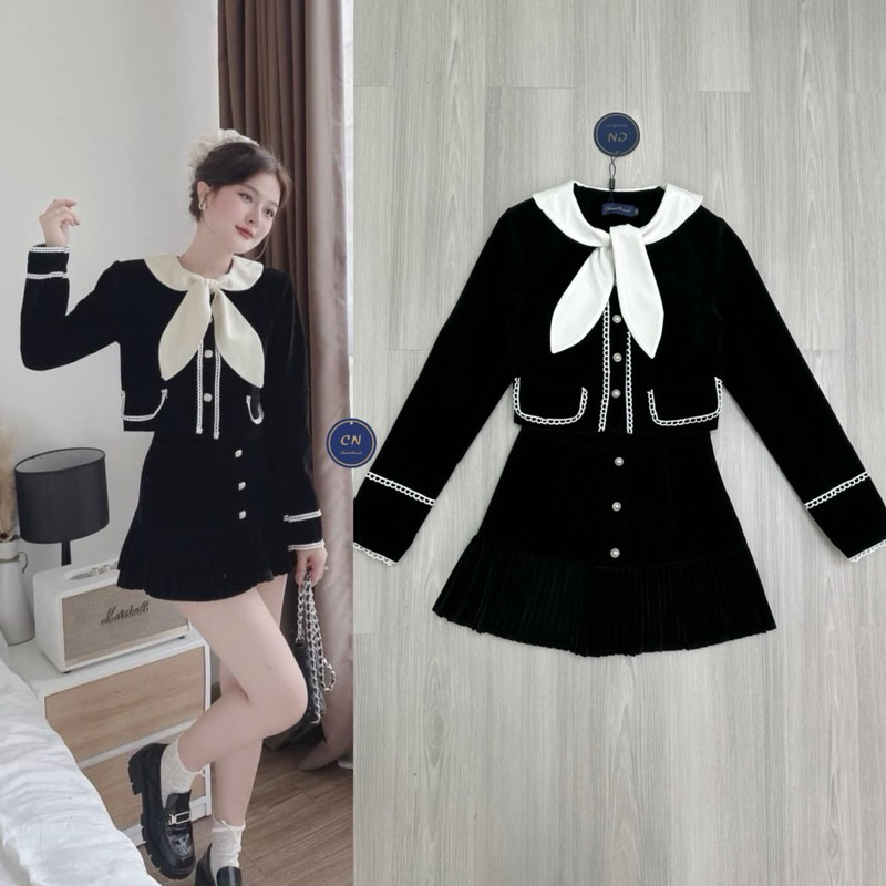 CHANAT BRAND Set 2 ชิ้น สีดำผ้ากำมะหยี่ เสื้อครอปแขนยาวดีเทลแต่งปก มาคู่กับกระโปรงสั้นชายอัดพรีท ด้านหน้าแต่งกระดุมมุก