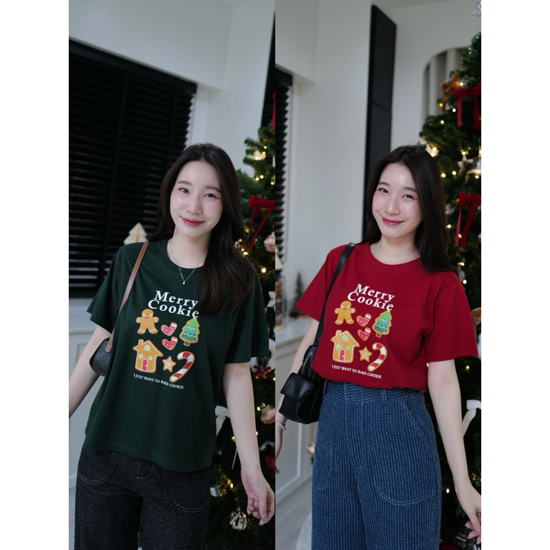 เสื้อยืดคอกลม ลาย cookie🌲🎄