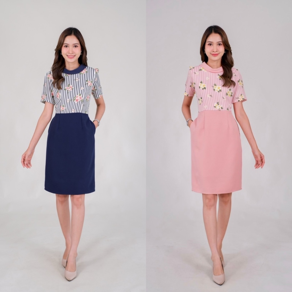 Dresschanya เดรสชุดทำงาน ตัวเสื้อผ้าชีฟองเกาหลีพิมลายริ้ว ดอกไม้ ตัดแต่งแมทสีผ้าพื้นปก กระโปรงผ้าเปเป้