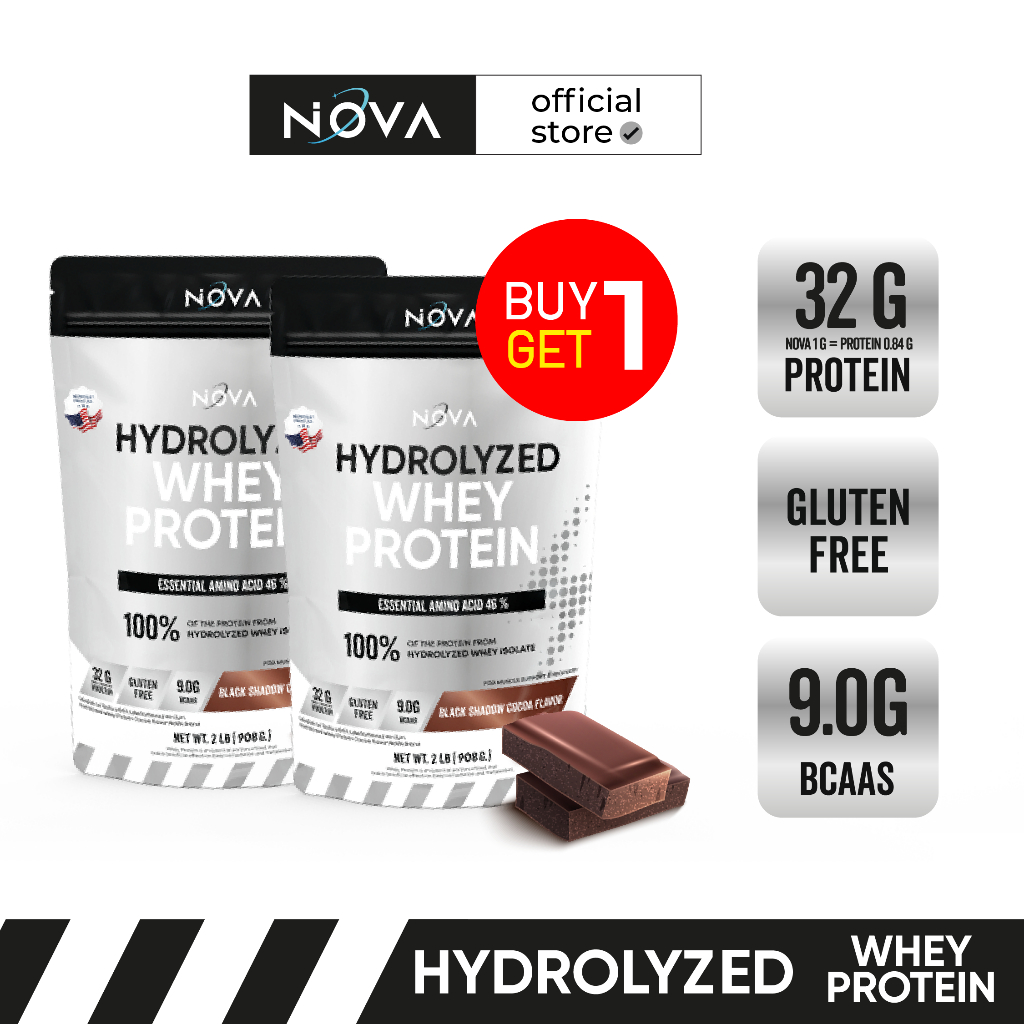 [ 1 แถม 1 ] Nova Hydrolyzed Whey Protein : รส Black Shadow Cocoa Flavor เวย์โปรตีน 1 ถุง 2lb. / 908g. หมดเขต 17/02/68