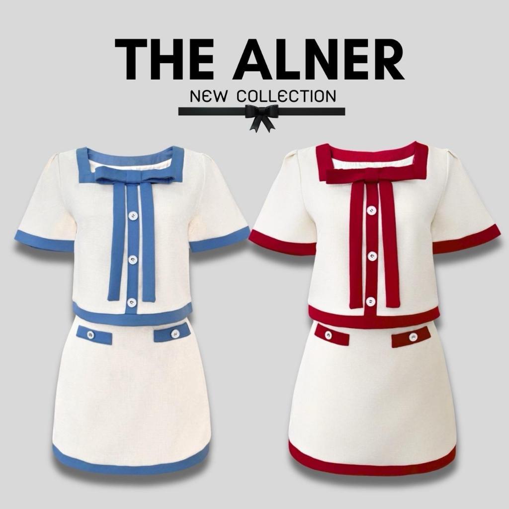 AN780 เซตเสื้อคอเหลี่ยมแต่งโบว์หน้า+กระโปรง The Alner Women Clothing Lady ผู้หญิง