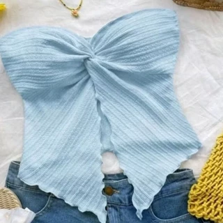 Crop TC2432 เสื้อเกาะอก อกทรงโบว์ ผ่าหน้า