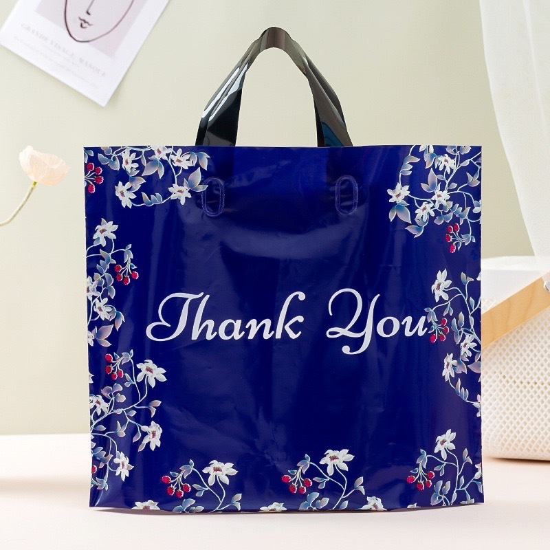 ถุงพลาสติก ถุงหูเทปเนื้อพลาสติกถุงพลาสติก ลายThank you ถุงหูหิ้ว  ถุงสีม่วงเข้ม (แพ็ค48-50ใบ)
