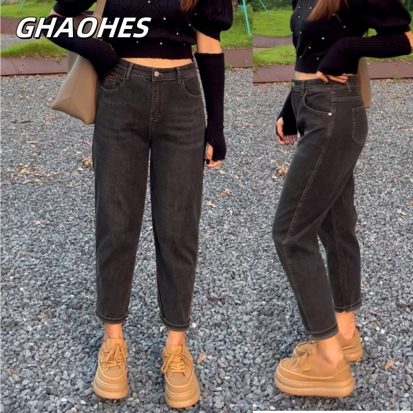 GHAOEHS กางเกงฮาเร็มสีเทาอมดำไซส์ใหญ่คลุมสะโพก กางเกงยีนส์สาวอวบเอวสูงยืดหยุ่น AV101