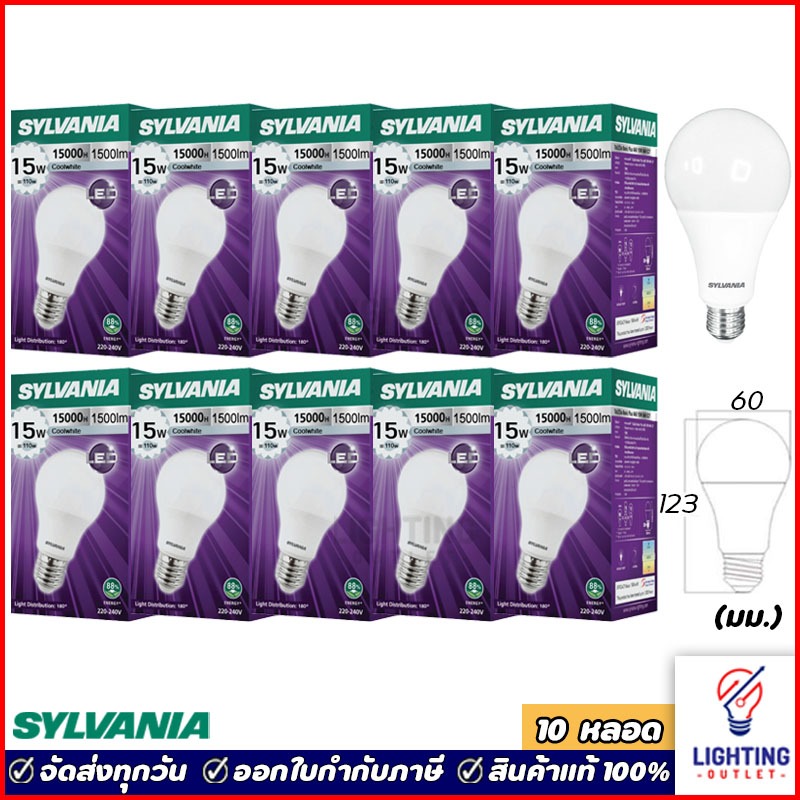10หลอด🔥Sylvania หลอดไฟแอลอีดี 15วัตต์ ขั้วE27 Led Bulb 15W Coolwhite แสงขาวนวล Daylight แสงขาว Warmwhite แสงเหลือง